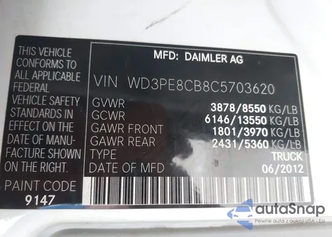 2012 Mercedes-Benz Sprinter 2500 High Roof from USA, damaged, VIN WD3PE8CB8C5703620